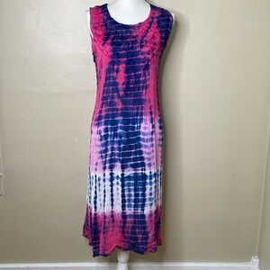 CUTE OPTIONS Shift Dress Pink & Blue Tie Dye Embroidered Detail BOHO MIDI 1X